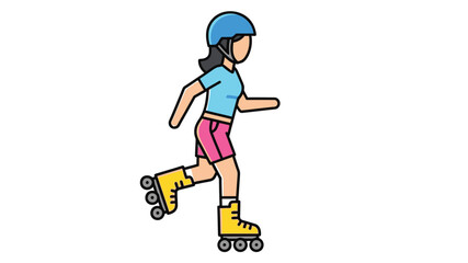 A cheerful cartoon illustration depicts a young woman roller skating with a helmet on