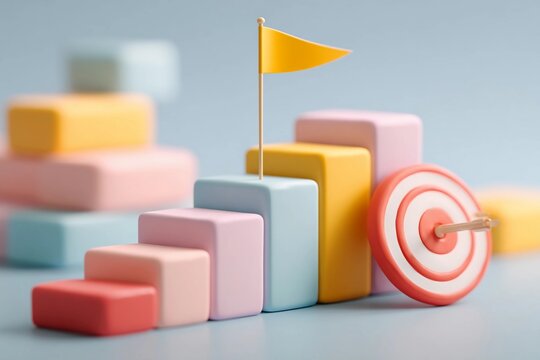 Business growth with colorful blocks and a target on blue background with a flag indicating progress and success - Powered by Adobe