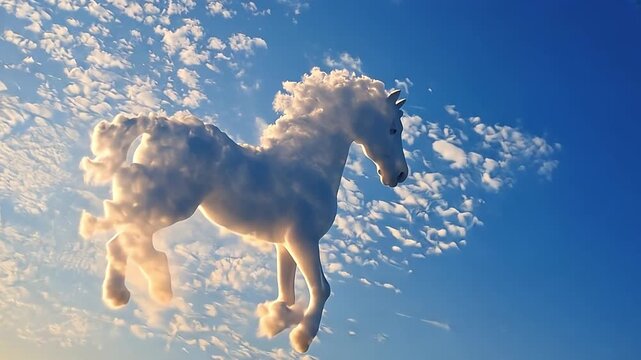 A majestic horse made of clouds rears up in a blue sky. Surreal fantasy animation with a dreamlike quality. Freedom and imagination concept