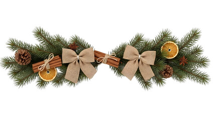Rustic Christmas garland with burlap bows, jute, cinnamon sticks, dried oranges, pine cones, and fir branches, handmade natural festive holiday decoration isolated on white background