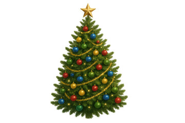 Fototapeta premium Christmas tree decorating for holiday season celebrations. Seasonal spruce adorned with baubles, lights, and a star, on transparent background