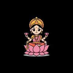 Cute Cartoon Goddess Lakshmi Sitting on Lotus Flower Illustration.