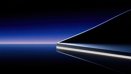 Abstract architectural design with blue gradient sky and illuminated lines