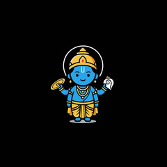 Cute Cartoon Illustration of Lord Vishnu with Four Arms.