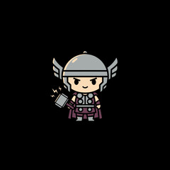 Cute Cartoon Thor Character with Hammer and Helmet.