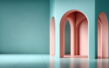 Abstract architectural interior with arches and soft color palette design