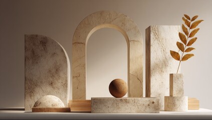 Abstract architectural forms with natural elements in warm neutral tones