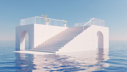 Abstract architectural structure rising from water against a gradient blue sky