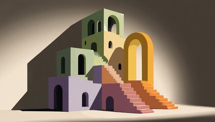 Abstract architectural structure with arches and staircases in pastel colors
