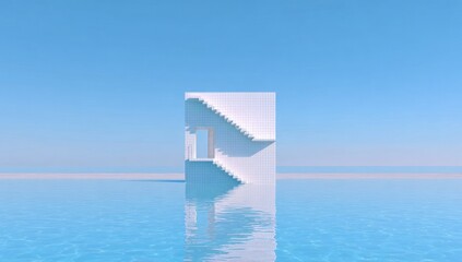 Abstract architectural structure with stairs against a clear blue sky background