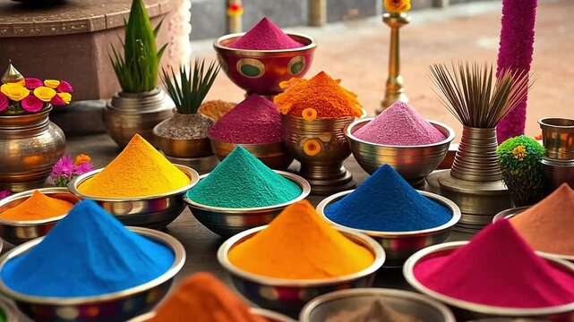Colorful gulal powders for the Holi festival celebration. A vibrant display of traditional Indian color pigments in bowls. Hindu festival of colors concept