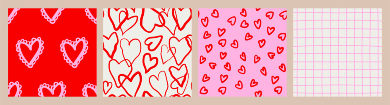 Cute romantic red and pink love heart seamless pattern background print set. Valentine's Day holiday illustration background texture, romantic wedding design collection.