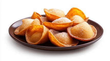 Golden crispy fried potato wedges seasoned and dusted with powdered sugar served on a dark ceramic plate isolated on white background