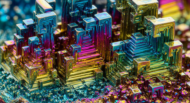Iridescent Synthetic Bismuth Crystal Macro Shot.
A high-detail macro photograph of a bismuth crystal, showing its unique geometric "hopper" structure and vibrant rainbow-colored oxidation layers