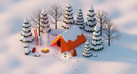 A clean 3D isometric illustration of a winter campsite at twilight, featuring an orange tent covered in snow, a warm campfire, and red skis standing in a peaceful, snow-filled pine forest.