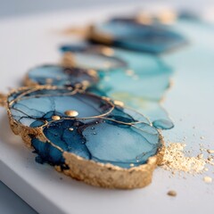 Abstract art with blue and gold ink on white background close up