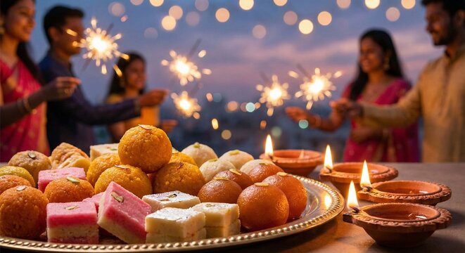 Diwali Festival of Lights Sweets and Diya with Sparkler Bokeh