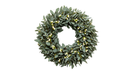 A festive mistletoe wreath adorned with delicate white berries, perfect for holiday cheer and winter decoration.