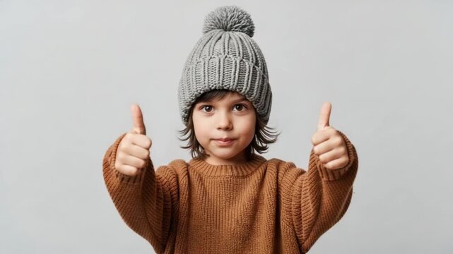 Happy young boy in warm knitted winter hat and brown sweater giving two thumbs up gesture against a light gray background