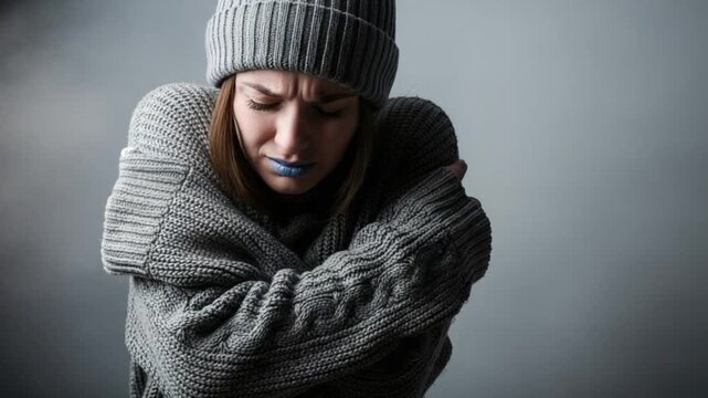 Young woman shivering from cold wearing a thick knitted sweater and beanie hat with blue lipstick against a dark gray background