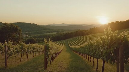 Golden Hour Vineyard Vista: Serene Sunset Over Lush Grapevines and Rolling Hills.