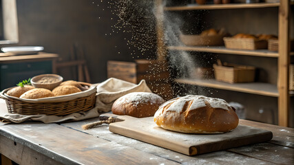 freshly-baked-bread-on-rustic-table--flour-dust