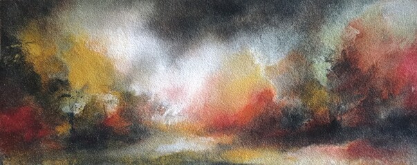 Abstract artwork of colorful sky with cloud like formations and textured brushstrokes