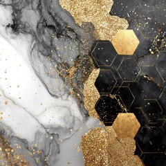 Abstract artwork of marble texture with gold glitter and geometric patterns