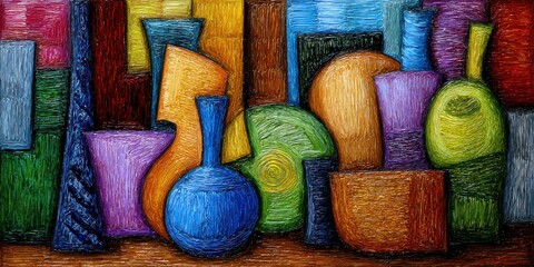 Abstract artwork of various colorful vases in a vibrant and artistic composition