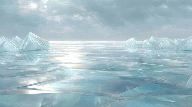 Crushed Ice Shards and Cubes on a Melting Surface with Soft Background