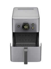 Front view of an open, empty air fryer on transparent background