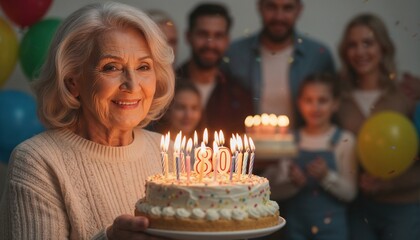 Elderly woman celebrating 80th birthday with cake and family members  