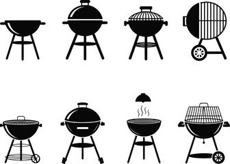Black Silhouette BBQ Grill Vector Set, Barbecue Grilling Silhouette Icons, BBQ Grill Icon Set Vector