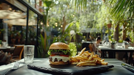 Gourmet Burger and Crispy Fries Served in Lush Outdoor Restaurant Setting