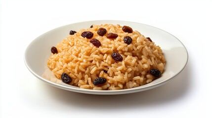 Delicious and flavorful rice dish cooked with raisins in a white bowl served on a plain white background perfect for food presentation and culinary photography