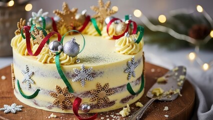 Festive Cake with Elegant Frosting and Ornaments