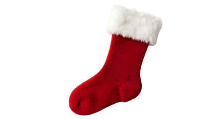 A festive red Christmas stocking with fluffy white trim, ready for holiday gifts.