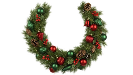 Traditional horseshoe-shaped Christmas wreath garland with red and green ornaments, holly berries, pine cones, and fir branches, festive holiday decoration isolated on white background