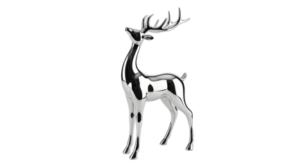 Elegant polished chrome deer sculpture with majestic antlers stands proudly.
