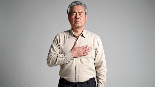 Elderly Man Demonstrates Heartfelt Gesture in Slow Motion Video Portrait
