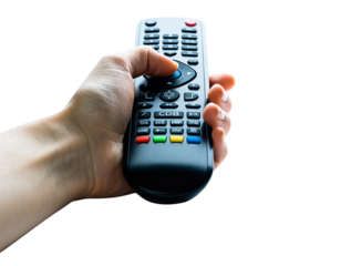 Hand Holding Remote Control Pressing Blue Button Isolated on Black Background finger
