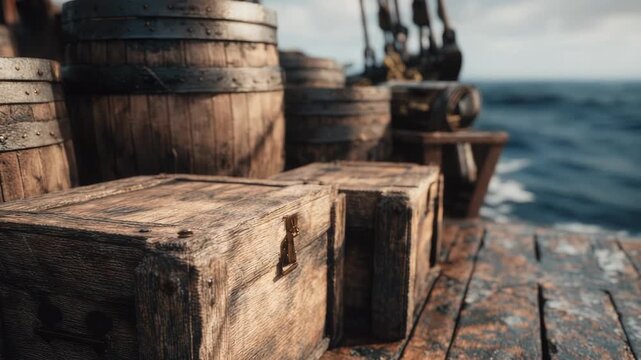 Aged wooden barrels and crates on a weathered ship deck, realistic style, ocean background, concept of maritime trade or adventure