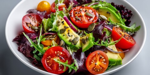 Colorful salad bowl with fresh vegetables like avocado, tomatoes, and leafy greens on a grey surface