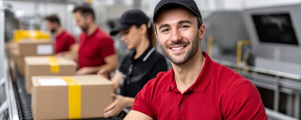 Courier team packaging parcels in a logistics facility, showcasing teamwork and efficiency in a bright workspace