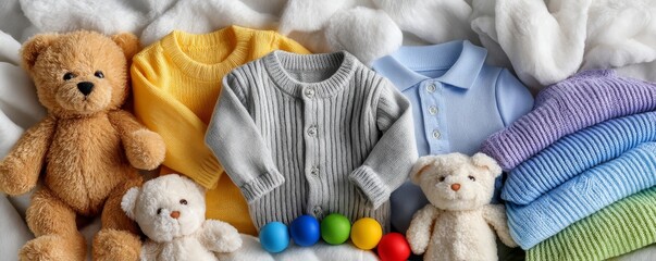 Colorful baby clothes and soft toys arranged on a fluffy white blanket, creating a cozy and cheerful atmosphere