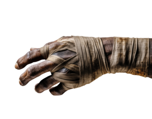 Mummified Human Hand Wrapped in Bandages on Black Background mummy ancient