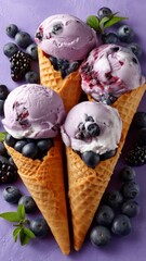 Delicious blueberry ice cream scoops in waffle cones on a vibrant purple background surrounded by fresh berries