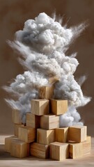 Explosion of clouds of smoke bursting from a stack of wooden blocks, creating a striking visual of contrasting textures and shapes