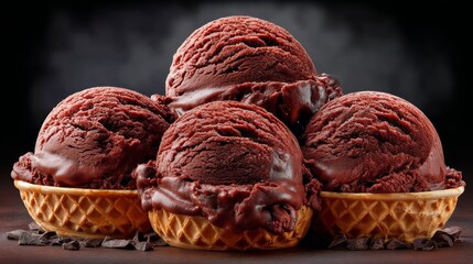 Four scoops of rich chocolate ice cream in waffle cones, dusted with sugar, against a dark textured background emphasizing indulgence