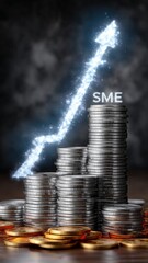 Stacked coins with a digital hologram of an upward arrow, indicating growth and innovation in finance